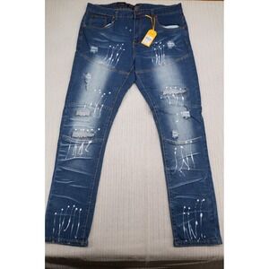 M. Society Jeans Mens 40x32 Blue Denim Skinny Straight Paint Splatter Streetwear